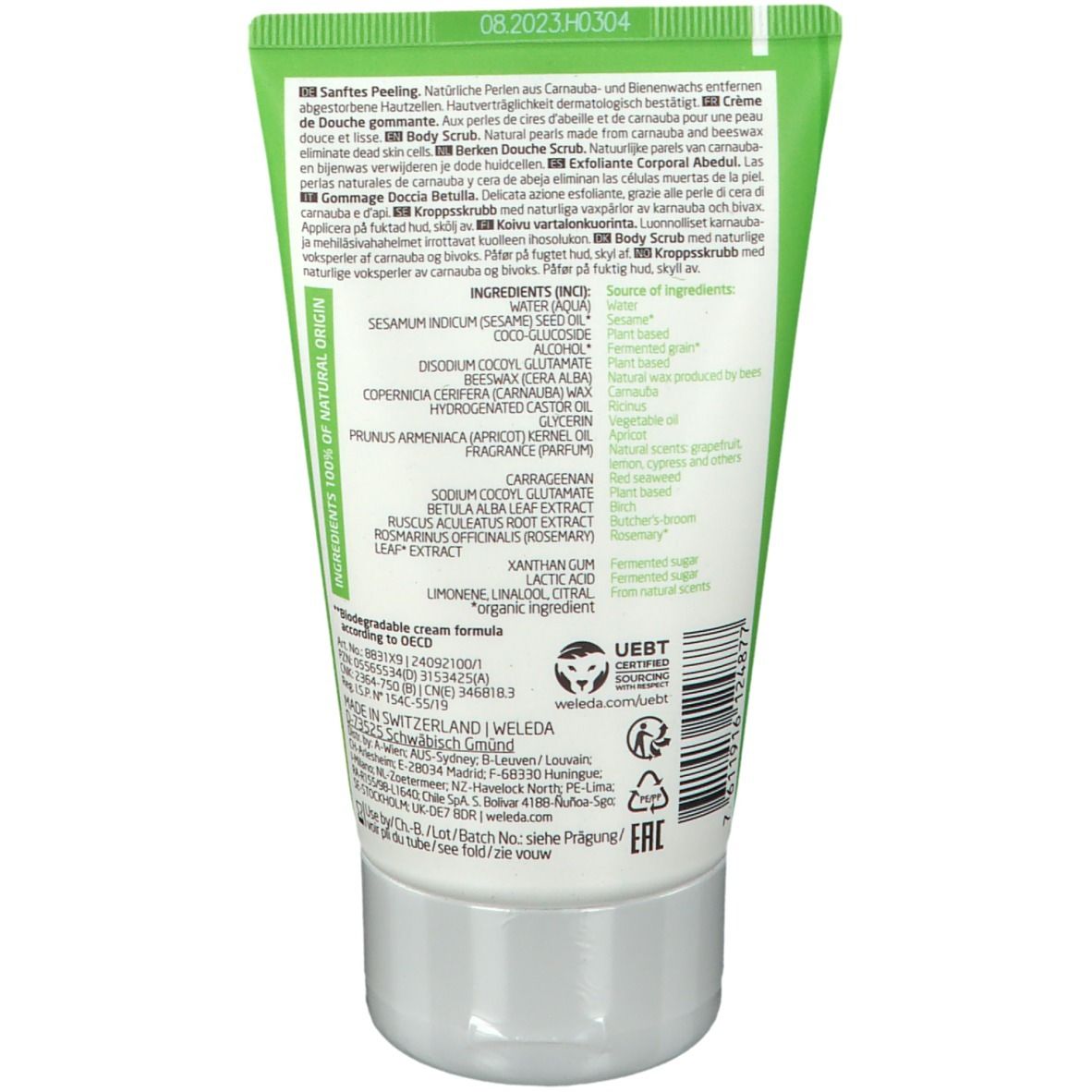 Retro del tubo verde. Testo: Ingredienti, origine, produttore. Loghi: UEBT, EAC. Testo in tedesco, francese, italiano, olandese.