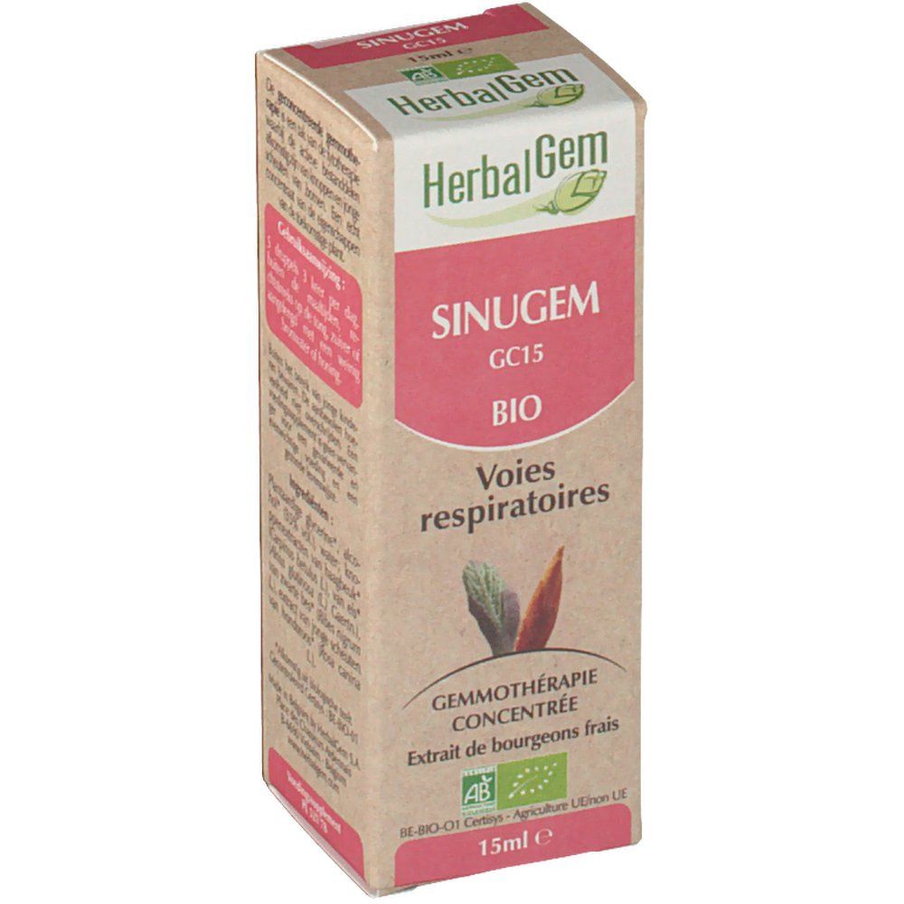 Confezione in cartone leggermente angolata. Visibili "HerbalGem" e "SINUGEM GC15 BIO Voies respiratoires". Indicazione 15ml.