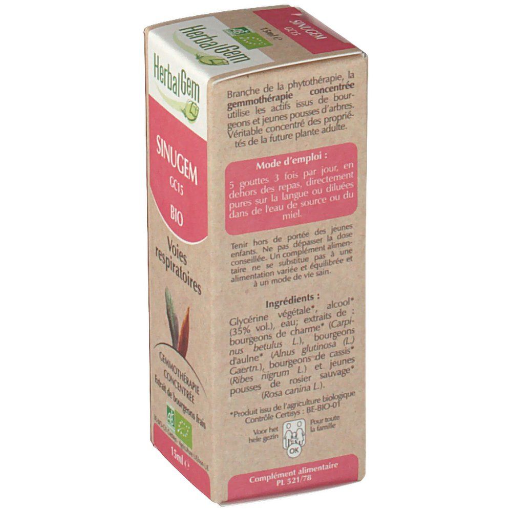 Confezione in cartone, vista laterale con testo. Visibili "HerbalGem" e "SINUGEM GC15 BIO Voies respiratoires". Testo sugli ingredienti.