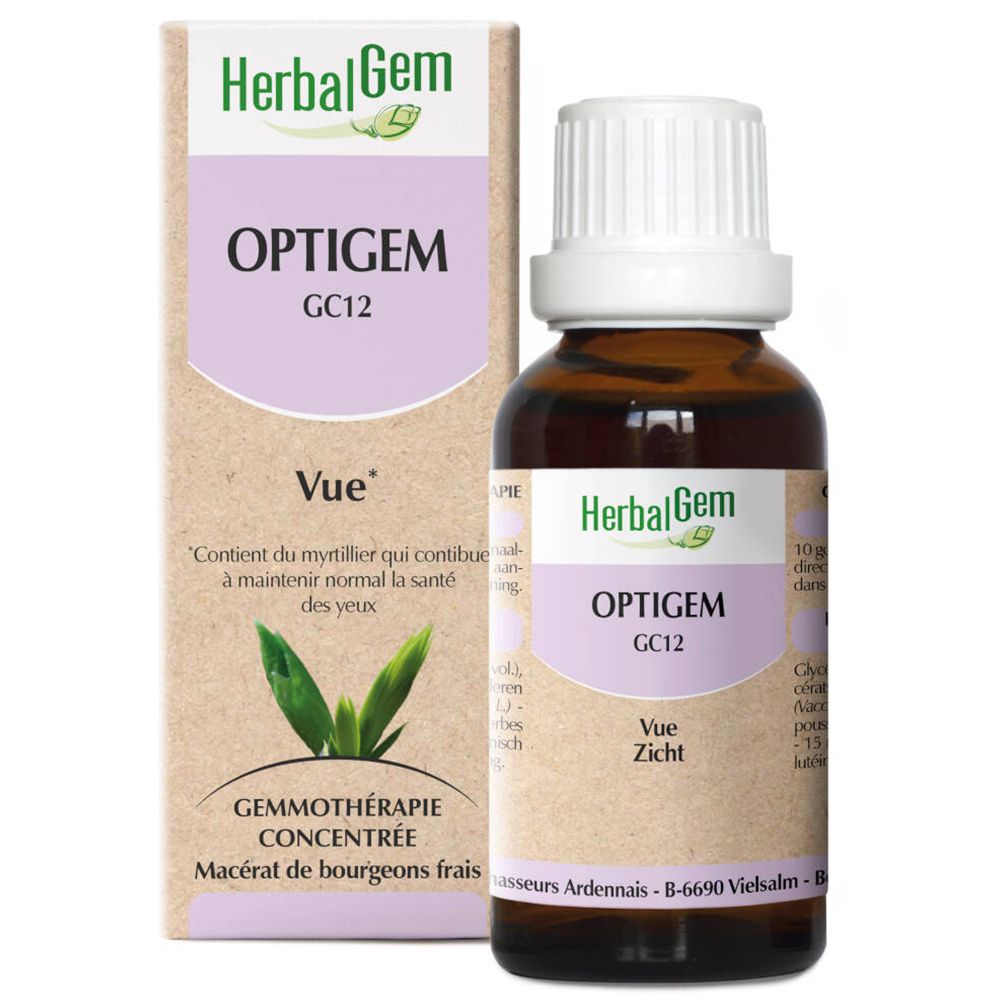 Flacone di vetro marrone e scatola. Scritta: OPTIGEM GC12 Vue. Logo HerbalGem. Contiene mirtillo.