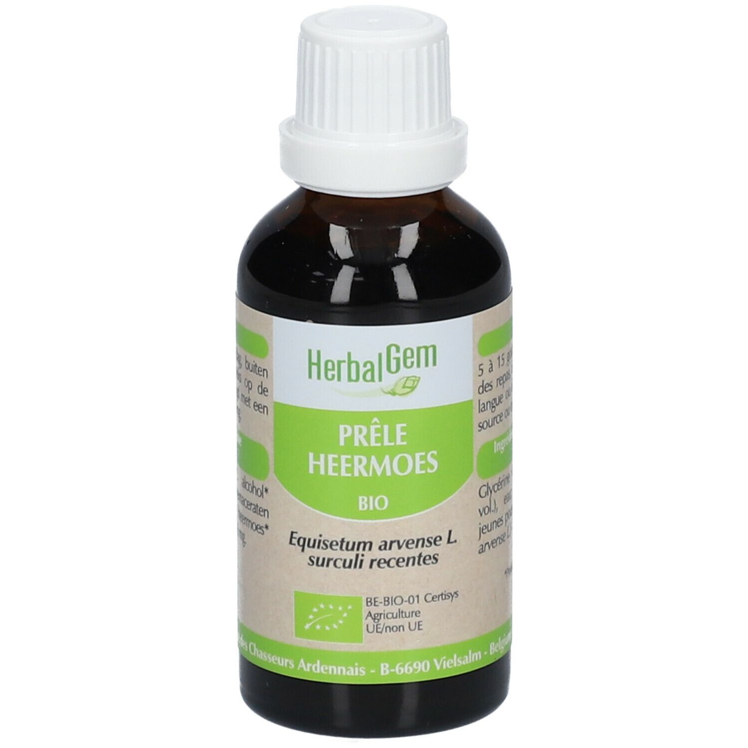 Flacone di vetro marrone con tappo bianco. Etichetta con HerbalGem, Prêle Heermoes Bio e certificazione biologica.