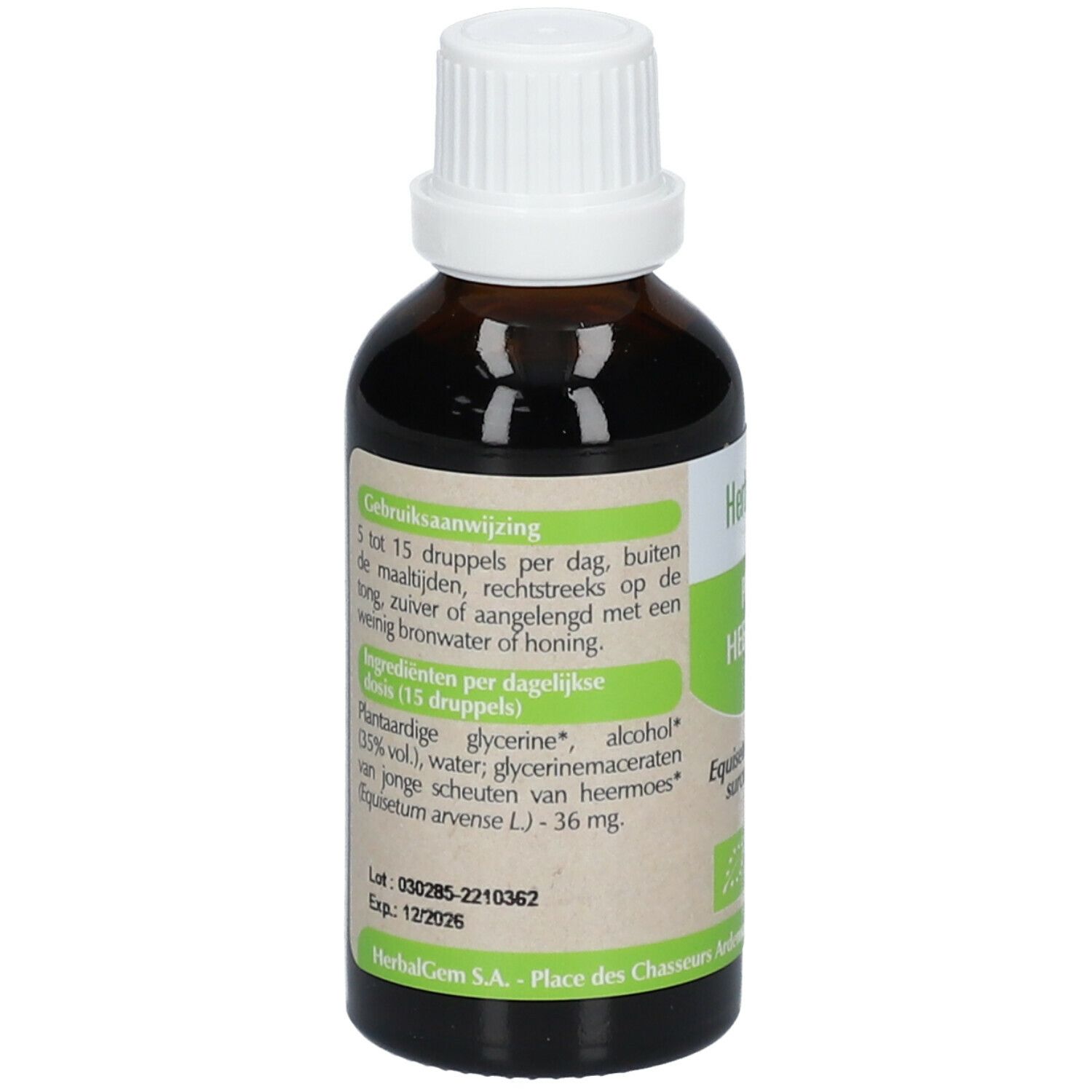 Flacone di vetro marrone con tappo bianco. Etichetta con informazioni sull'uso e ingredienti.