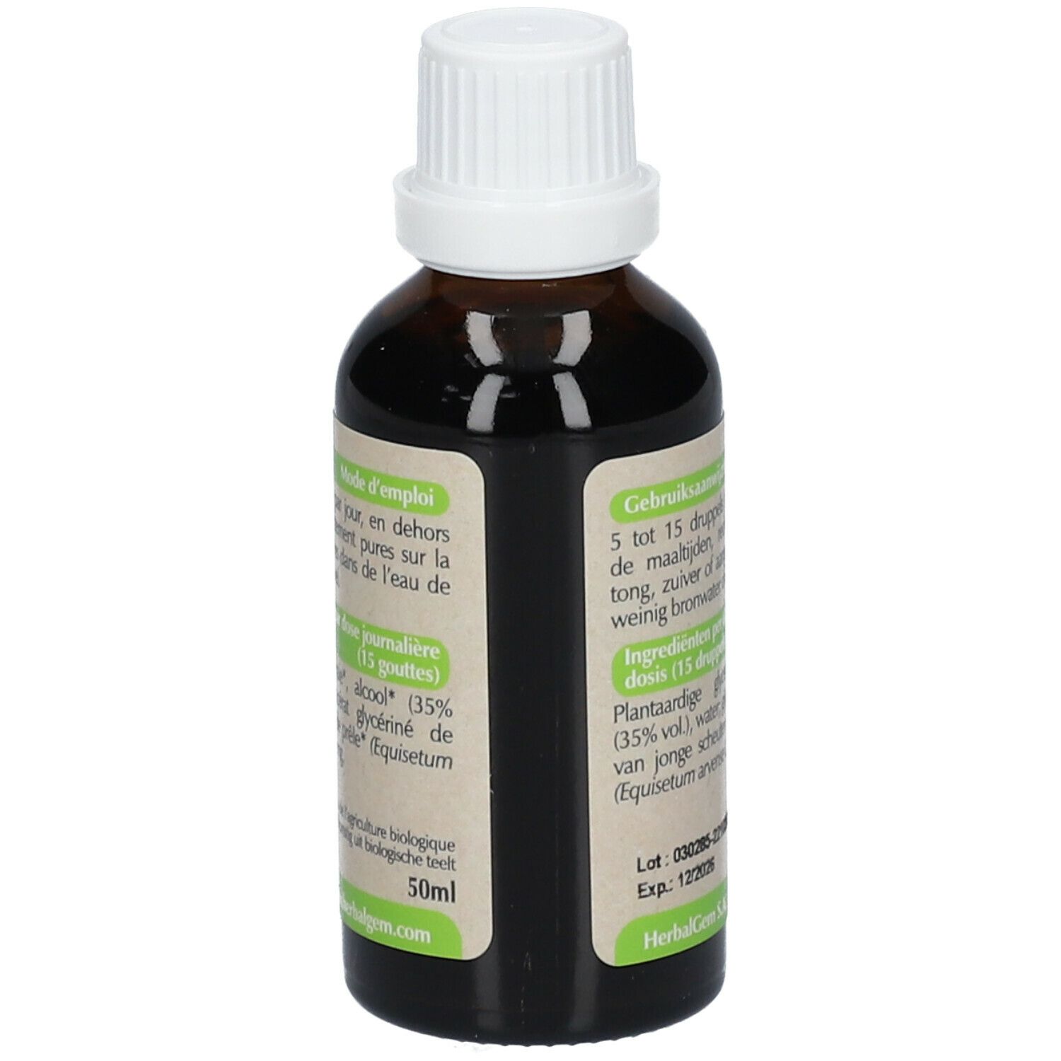 Flacone di vetro marrone con tappo bianco. Etichetta con informazioni sull'uso e ingredienti, 50ml.