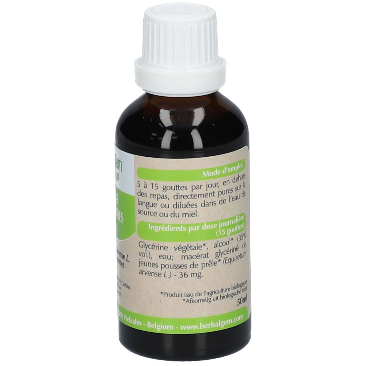 Flacone di vetro marrone con tappo bianco. Etichetta con informazioni sull'uso e ingredienti, 50ml.