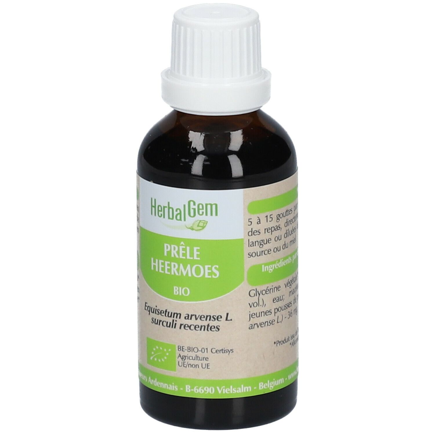 Flacone di vetro marrone con tappo bianco. Etichetta con HerbalGem, Prêle Heermoes Bio e certificazione biologica.