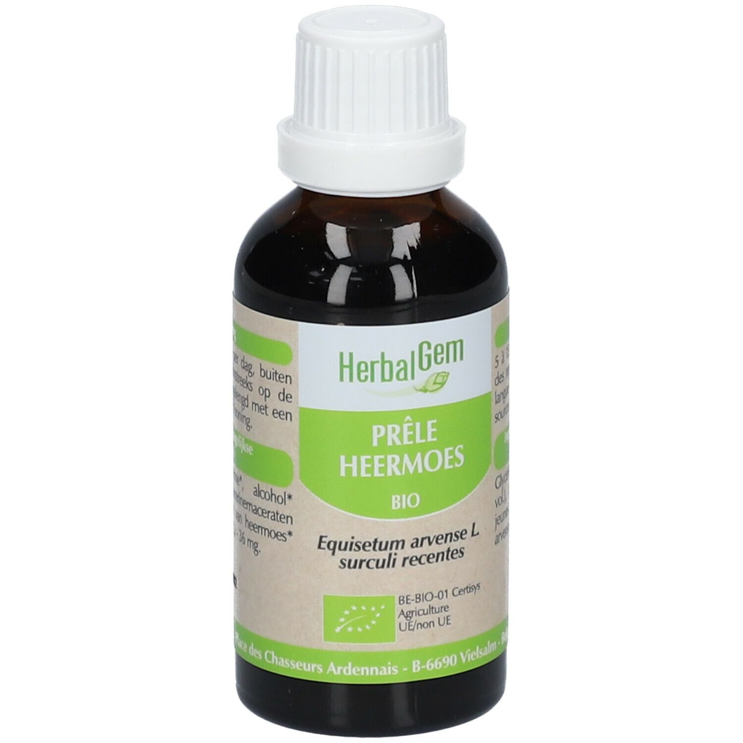 Flacone di vetro marrone con tappo bianco. Etichetta con HerbalGem, Prêle Heermoes Bio e certificazione biologica.