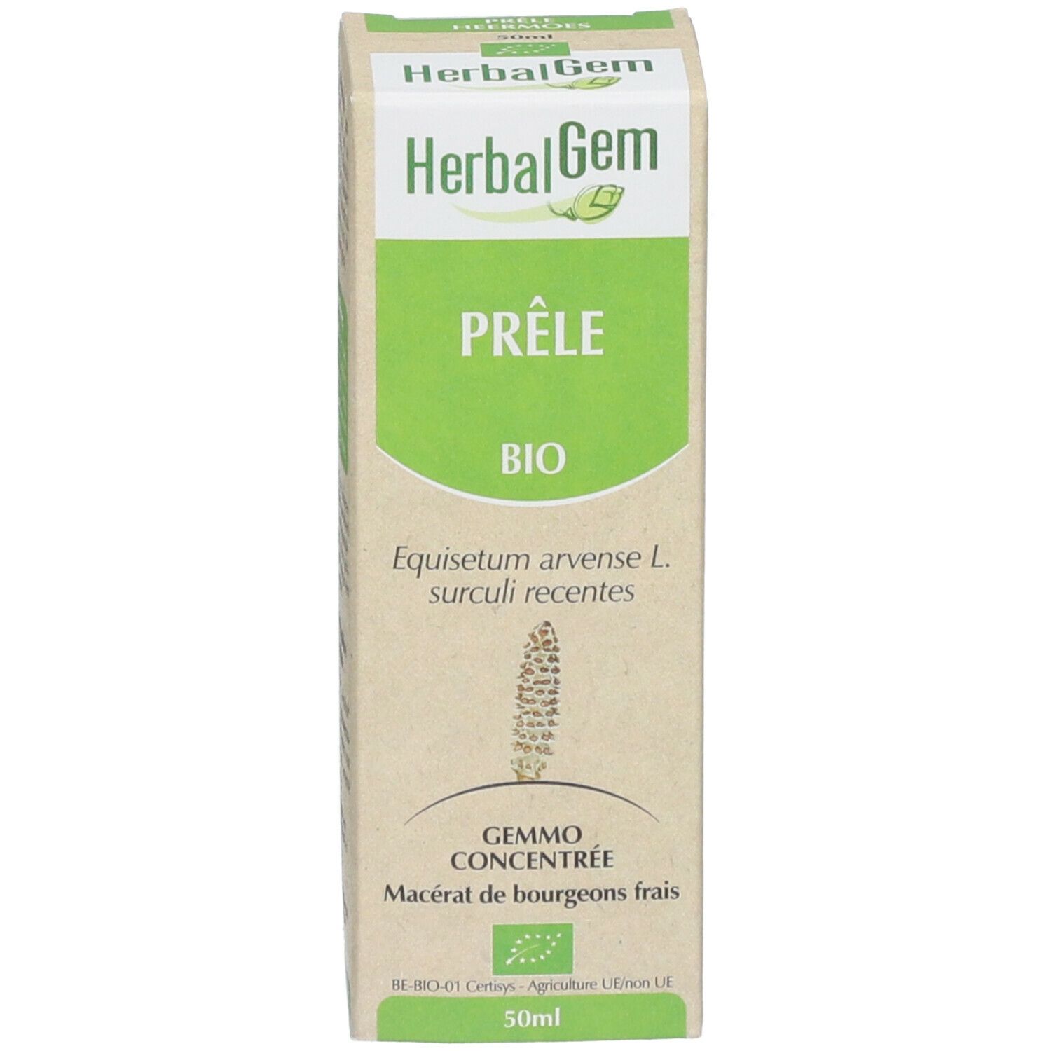 Confezione in cartone con HerbalGem, Prêle Bio, 50ml e certificazione biologica. Gemmo Concentré.
