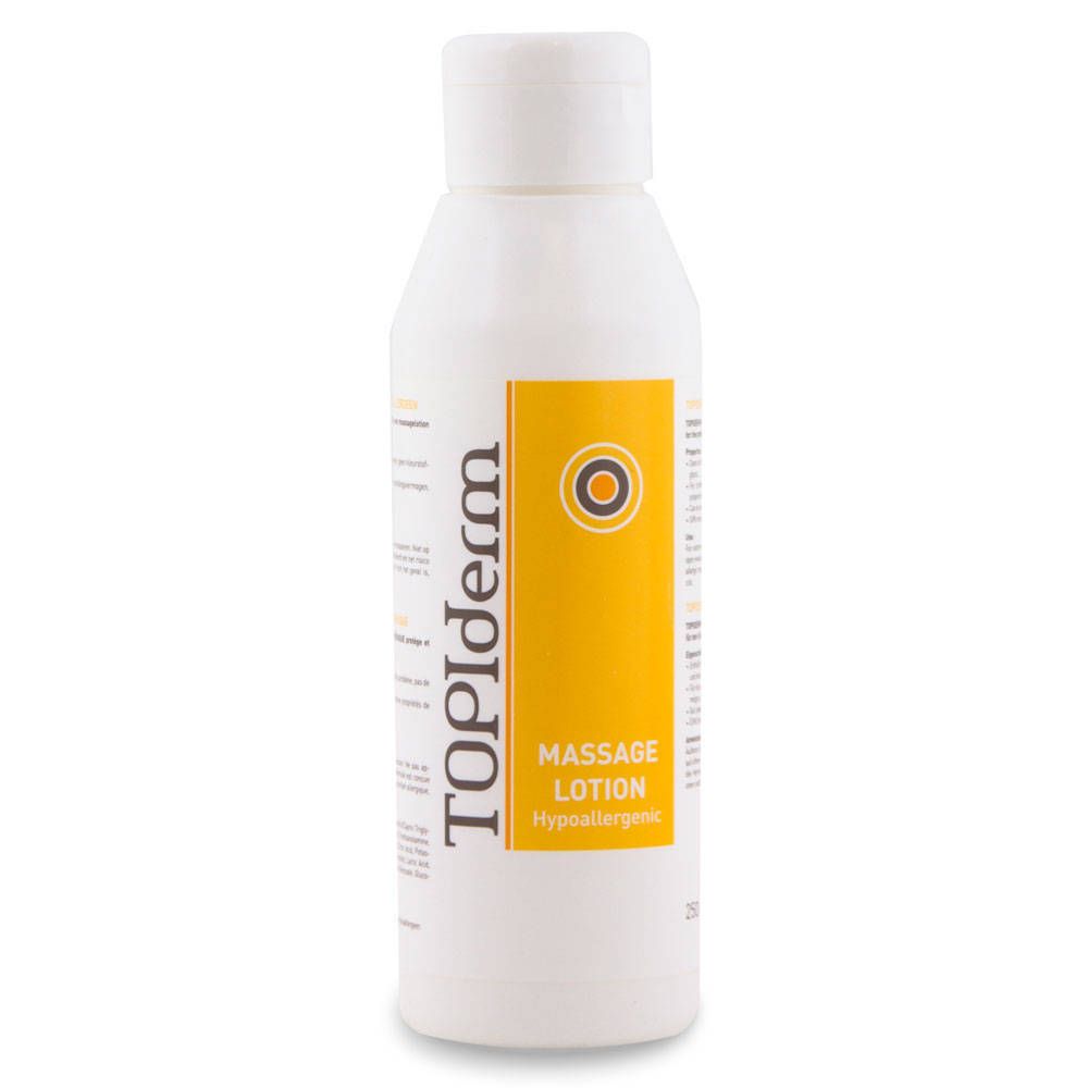 Flacone bianco con etichetta gialla. Scritta: TOPiderm, Massage Lotion, Ipoallergenico.
