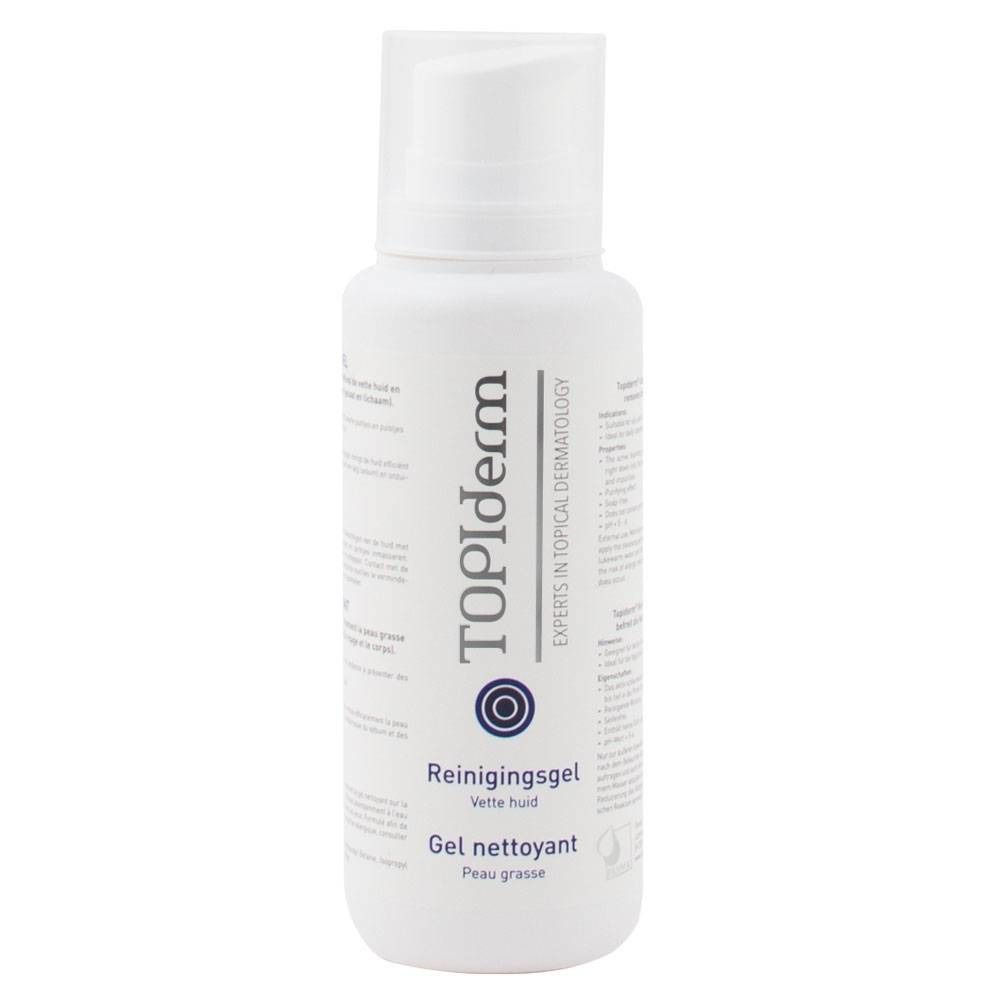 Flacone bianco con dosatore a pompa. Scritta TOPIderm, gel detergente per pelli grasse. Esperti in dermatologia topica.
