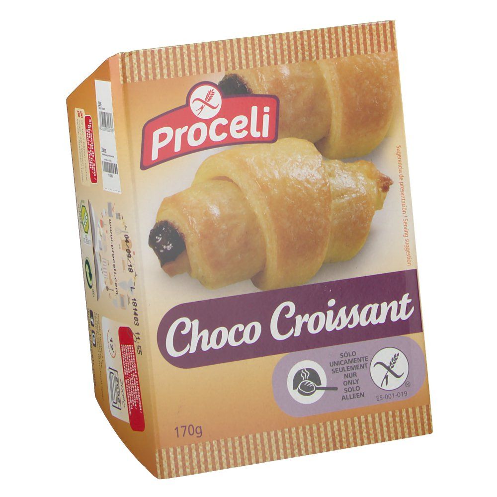 Confezione di Proceli Choco Croissant. Pasticceria senza glutine. 170g. Logo e nome del prodotto visibili. Tonalità marroni e beige.