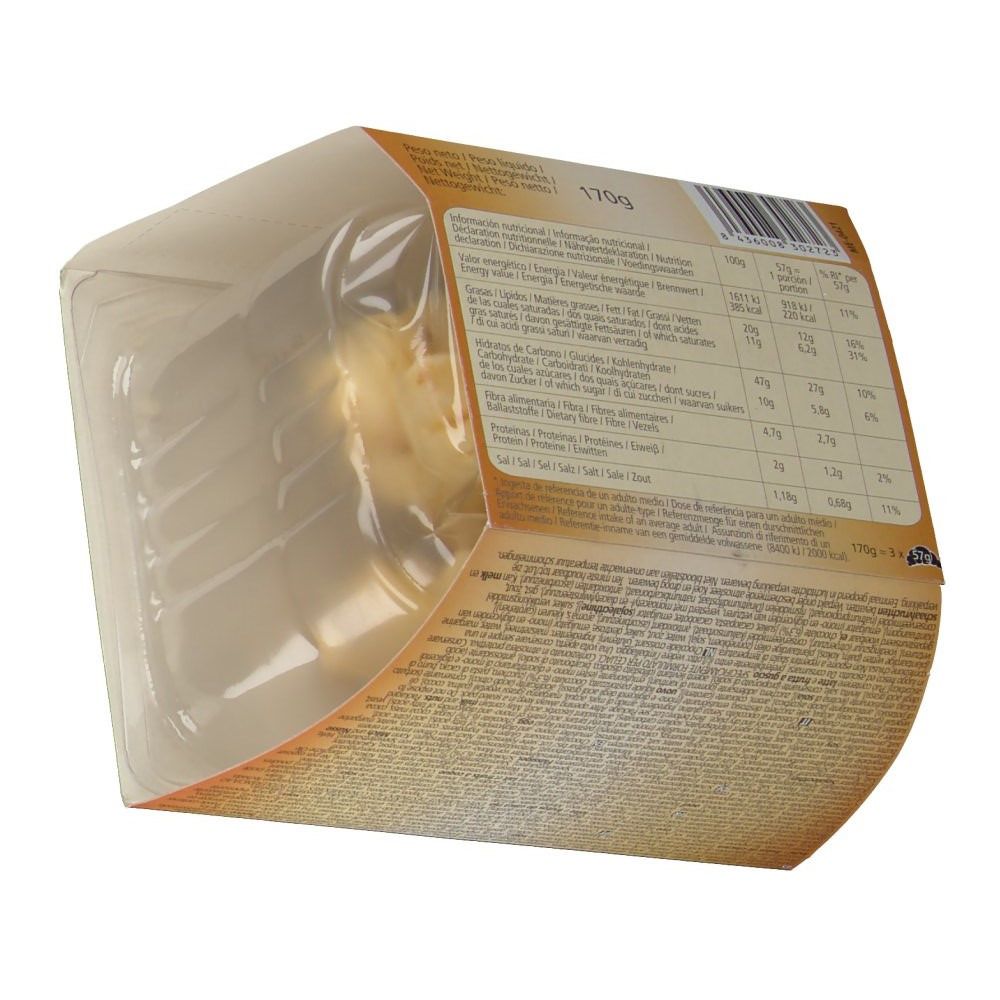 Confezione trasparente in plastica con informazioni nutrizionali. Contiene pasticceria. Confezione marrone e beige. Peso 170g.