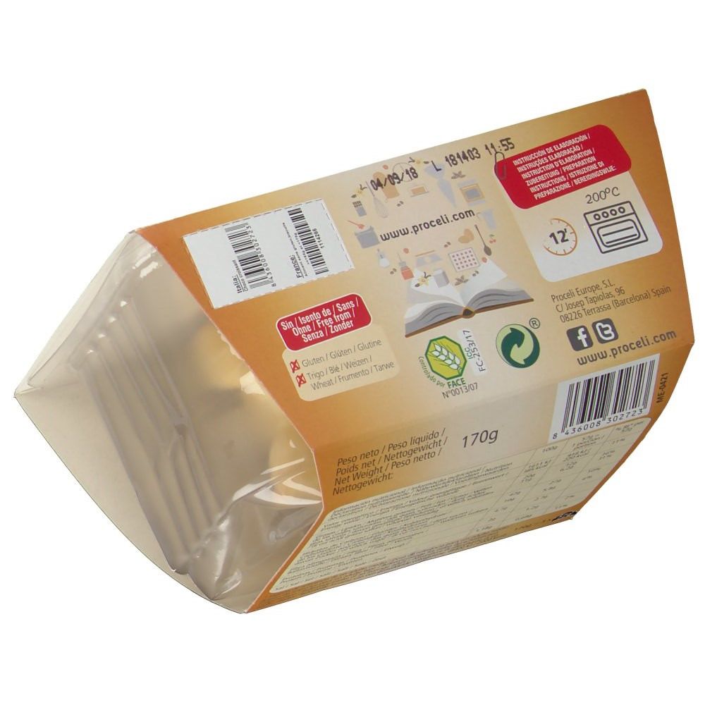 Retro della confezione con informazioni. Simbolo senza glutine. Peso 170g. Testo e loghi. Confezione marrone e beige.