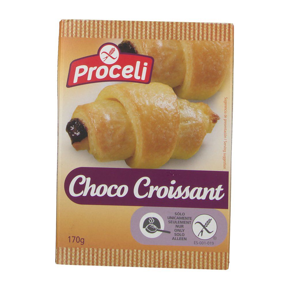 Confezione di Proceli Choco Croissant. Pasticceria senza glutine. 170g. Logo e nome del prodotto visibili. Tonalità marroni e beige.