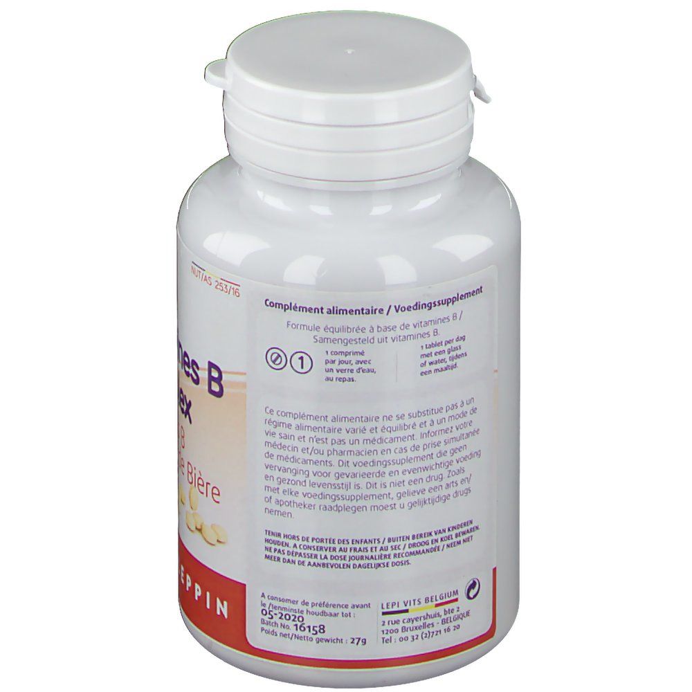 Retro del flacone bianco con testo. Contiene informazioni sugli ingredienti e la dose giornaliera raccomandata.