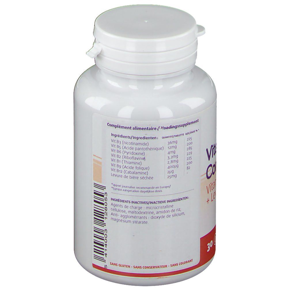 Retro del flacone con informazioni sugli ingredienti. Contiene informazioni su vitamine ed eccipienti.