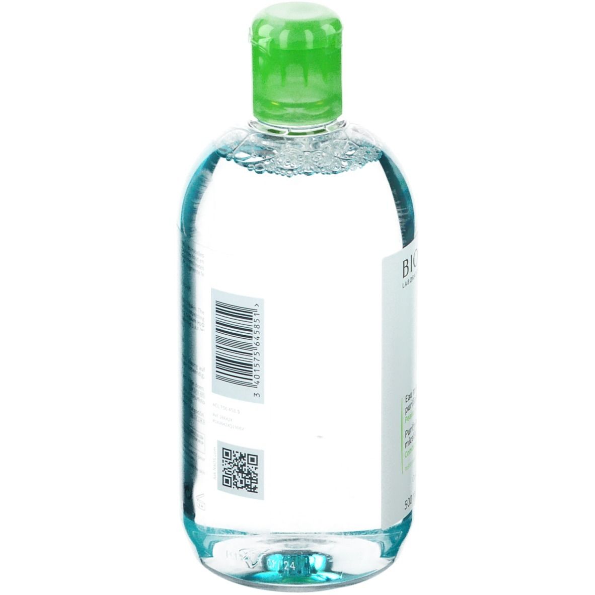Bottiglia trasparente con tappo verde, riempita di liquido trasparente. Etichetta con testo e codice QR. Vista posteriore.