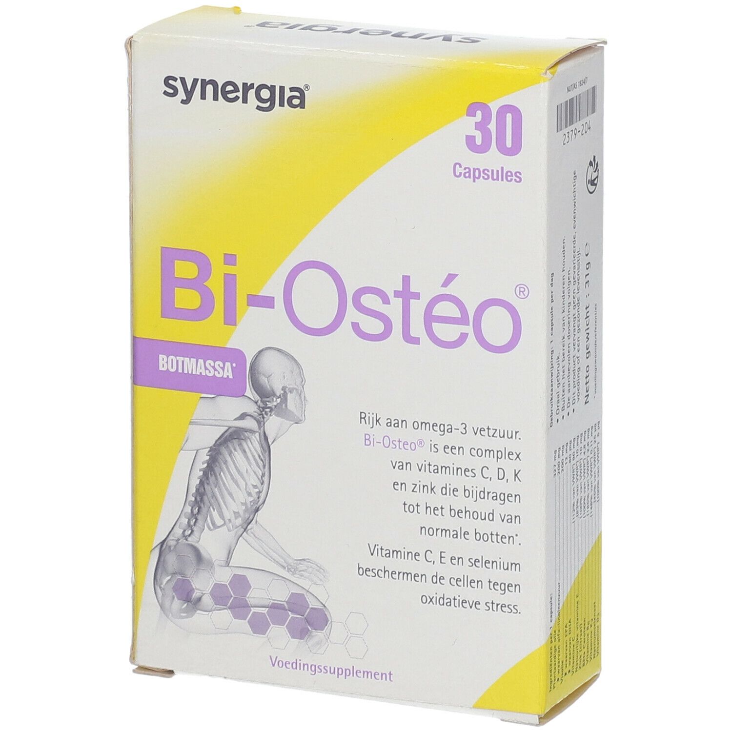 Confezione Bi-Ostéo con 30 capsule. Illustrazione di uno scheletro umano. Marchio Synergia.