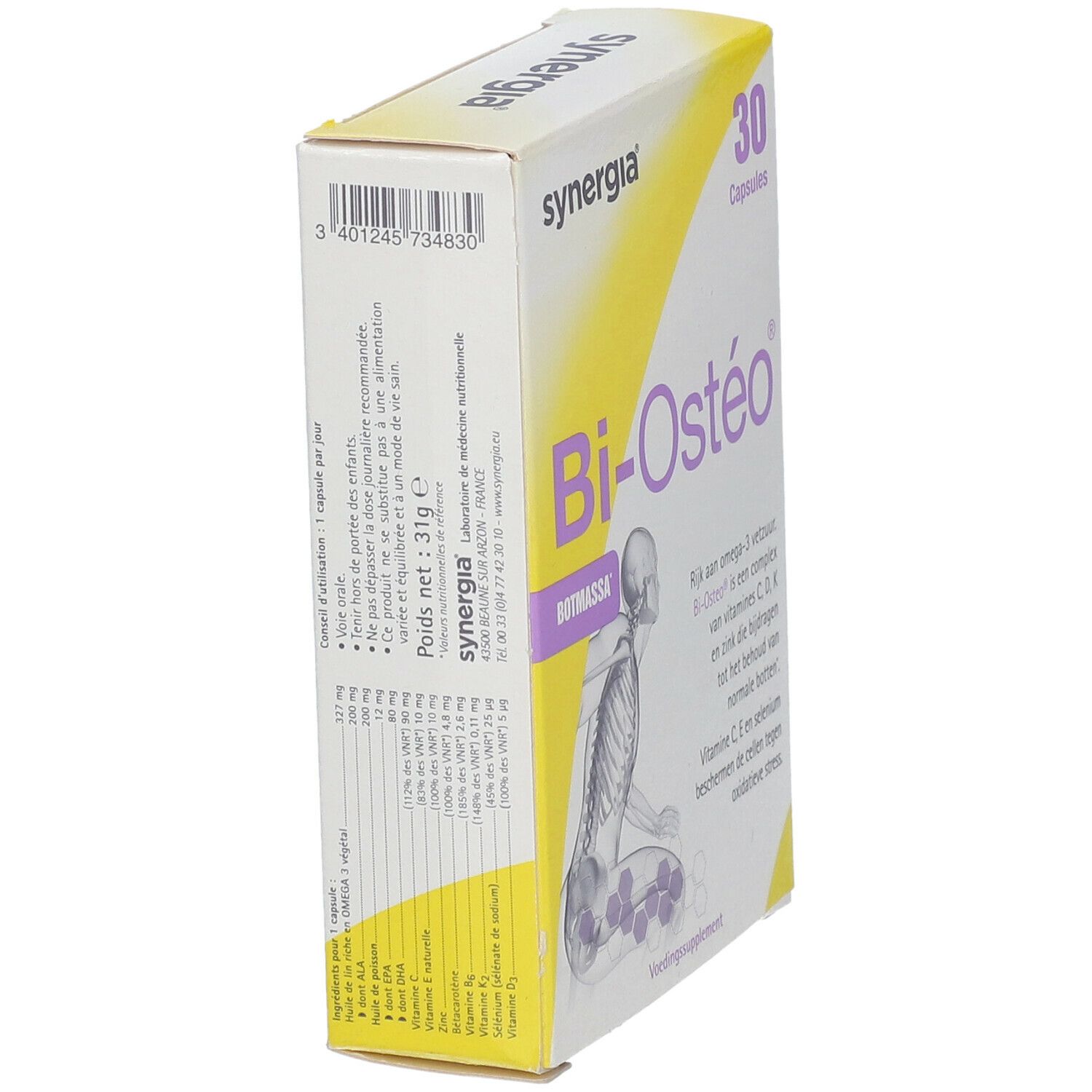 Vista laterale della confezione Bi-Ostéo. Contiene informazioni sugli ingredienti e i valori nutrizionali. Marchio Synergia.