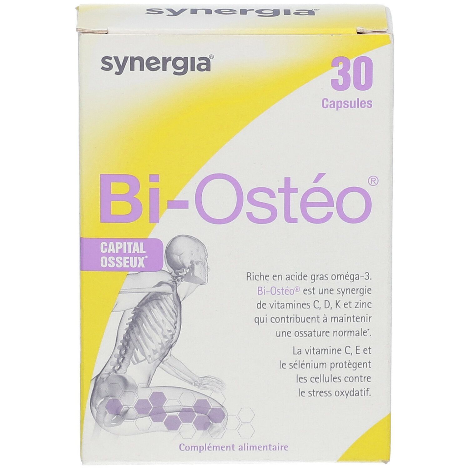 Confezione Bi-Ostéo con 30 capsule. Illustrazione di uno scheletro umano. Marchio Synergia.
