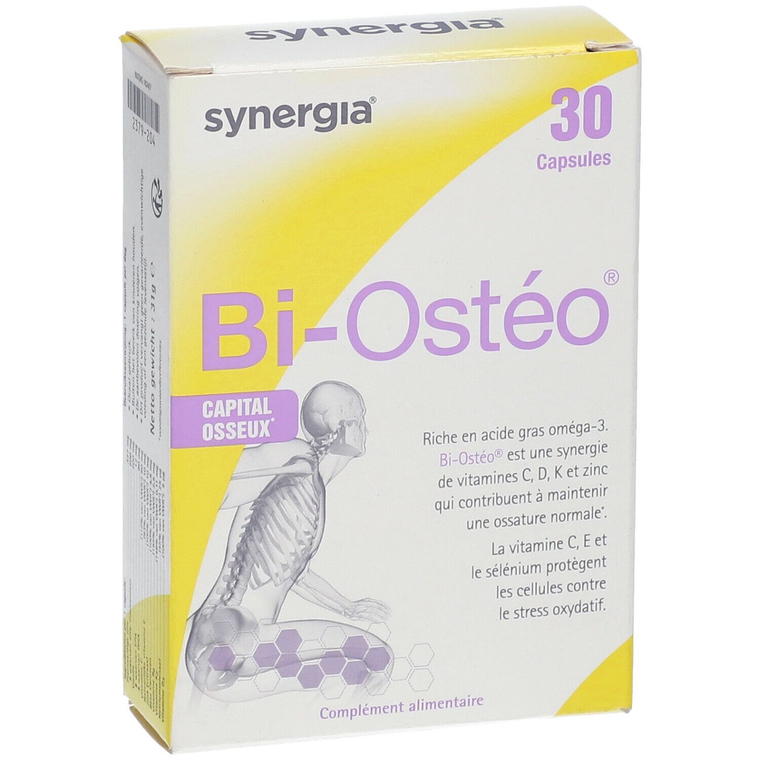 Confezione Bi-Ostéo con 30 capsule. Illustrazione di uno scheletro umano. Marchio Synergia.