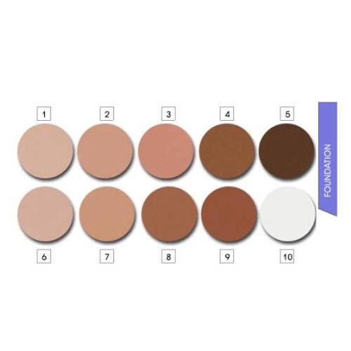 Dieci tonalità rotonde di fondotinta. Numerati da 1 a 10. Tavolozza di colori da chiaro a scuro.