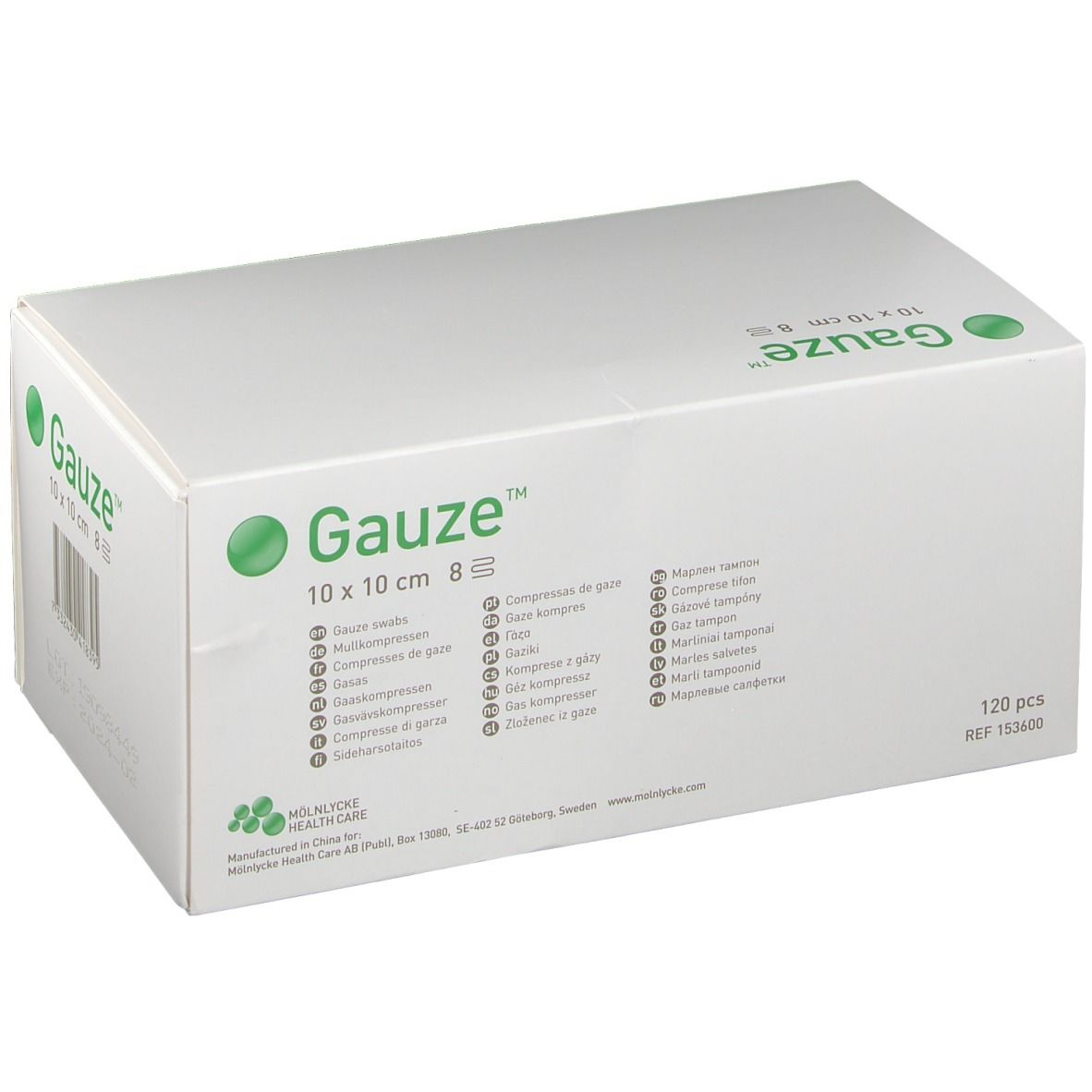 Scatola bianca con logo verde e scritta Gauze 10 x 10 cm 8 strati. 120 pezzi. Testo multilingue.