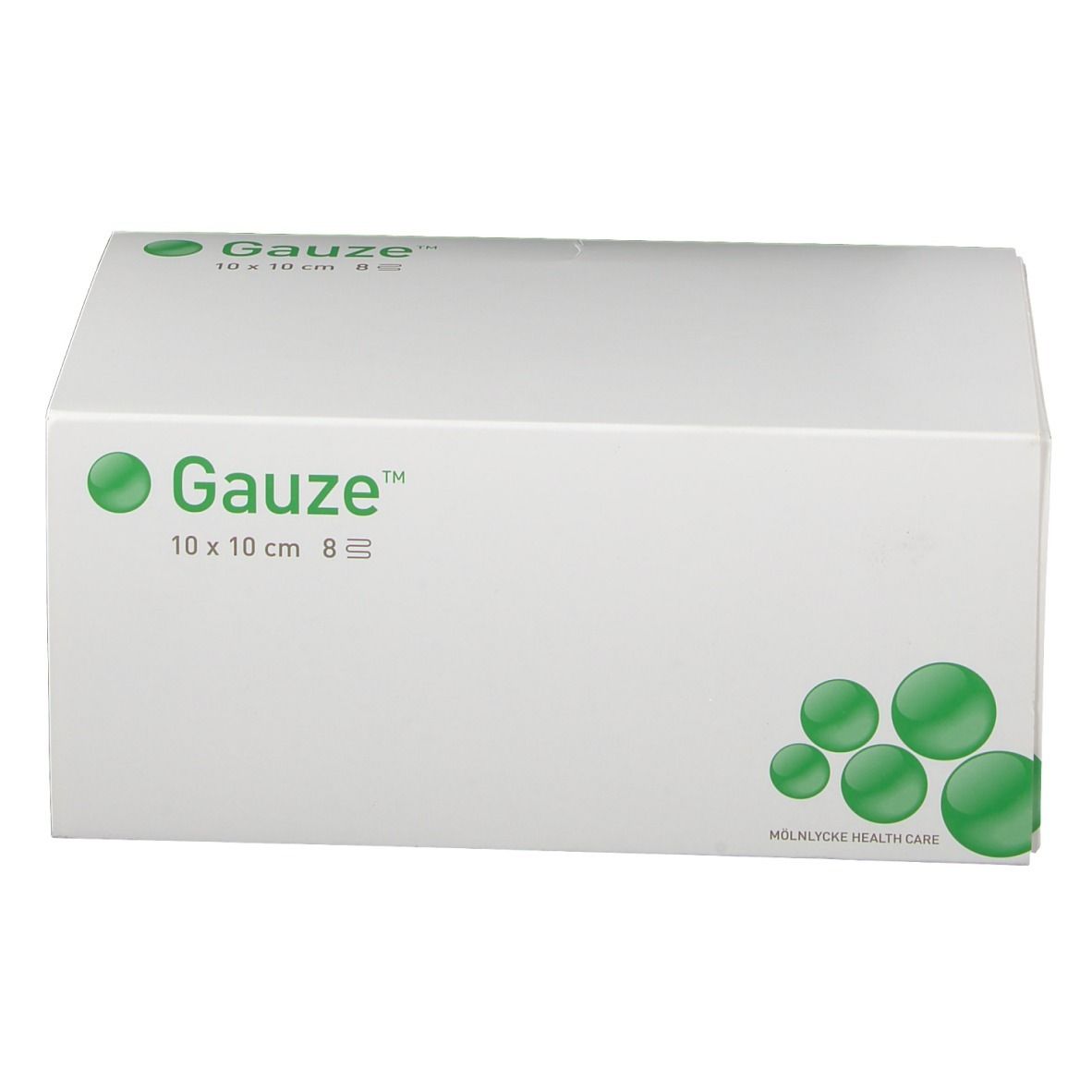 Scatola bianca con logo verde e scritta Gauze 10 x 10 cm 8 strati. Vista frontale.