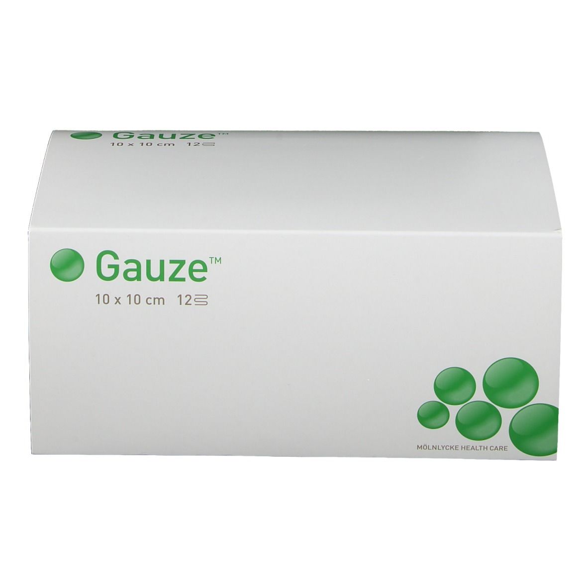 Confezione bianca con scritta verde "Gauze", 10x10 cm, 12 strati. Cerchio verde come logo.