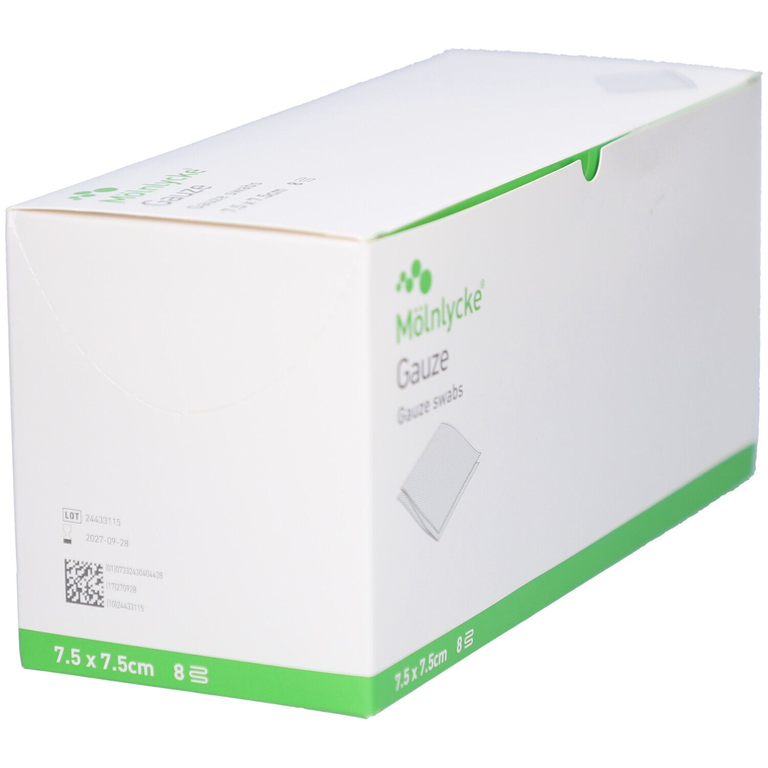Confezione bianca con dettagli verdi. Scritta: M
lnlycke Gauze, 7.5x7.5cm, 8 pezzi. Codice QR.