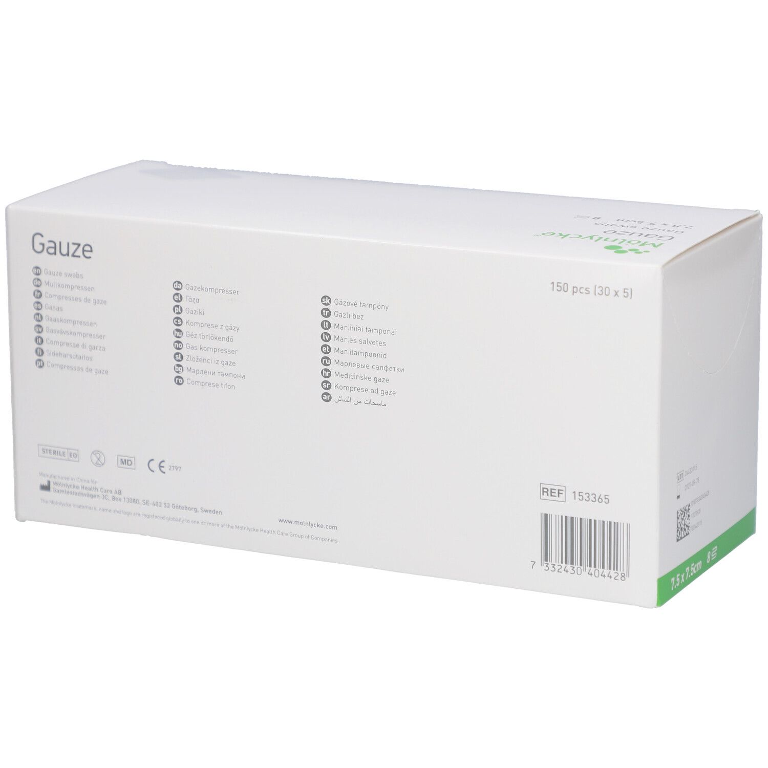 Confezione bianca con dettagli verdi. Scritta: Gauze, 150 pezzi, REF 153365.