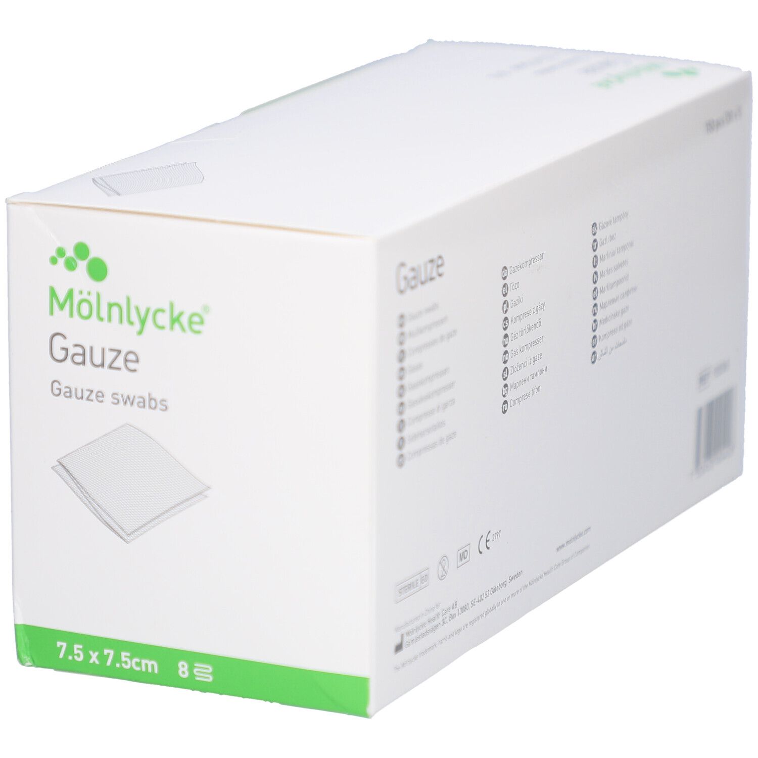 Confezione bianca con dettagli verdi. Scritta: M
lnlycke Gauze, 7.5x7.5cm, 8 pezzi.
