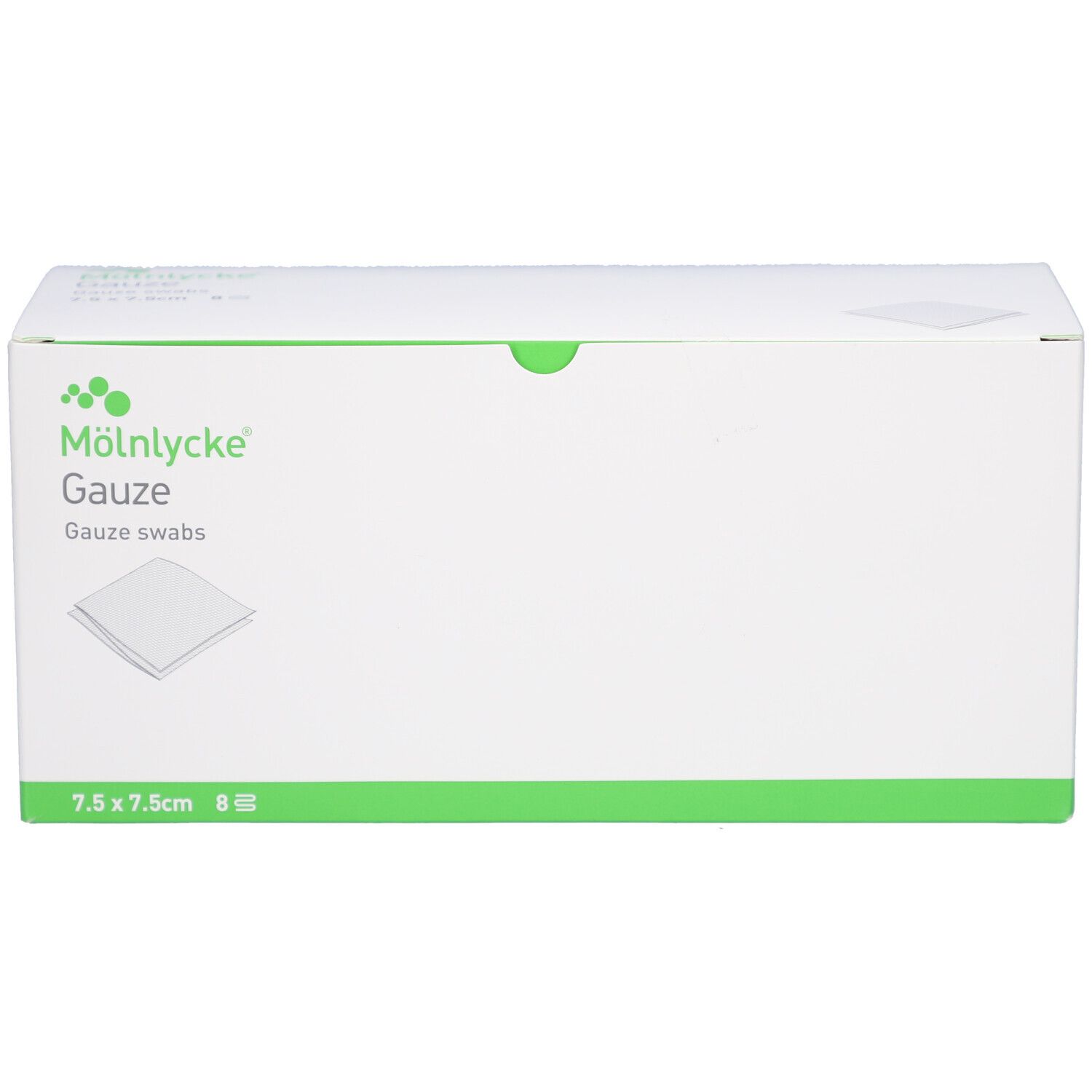 Confezione bianca con dettagli verdi. Scritta: M
lnlycke Gauze, 7.5x7.5cm, 8 pezzi.
