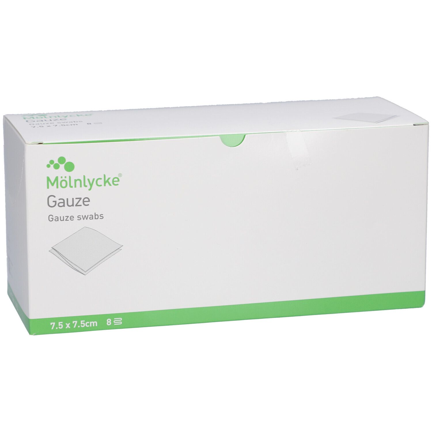 Confezione bianca con dettagli verdi. Scritta: M
lnlycke Gauze, 7.5x7.5cm, 8 pezzi.