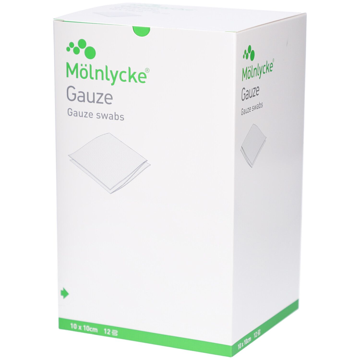 Scatola bianca con testo verde. Marchio: Mölnlycke Gauze. Prodotto: Gauze Swabs. Dimensioni: 10x10cm. 12 pezzi.