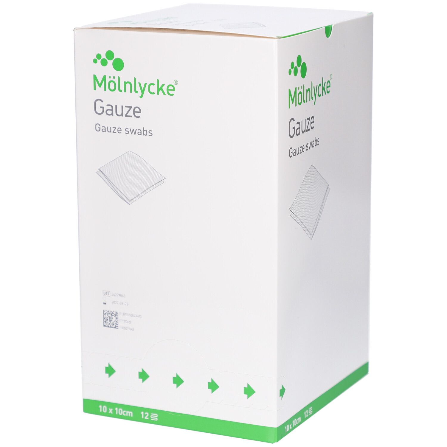 Scatola bianca con testo verde. Marchio: Mölnlycke Gauze. Prodotto: Gauze Swabs. Dimensioni: 10x10cm. 12 pezzi.
