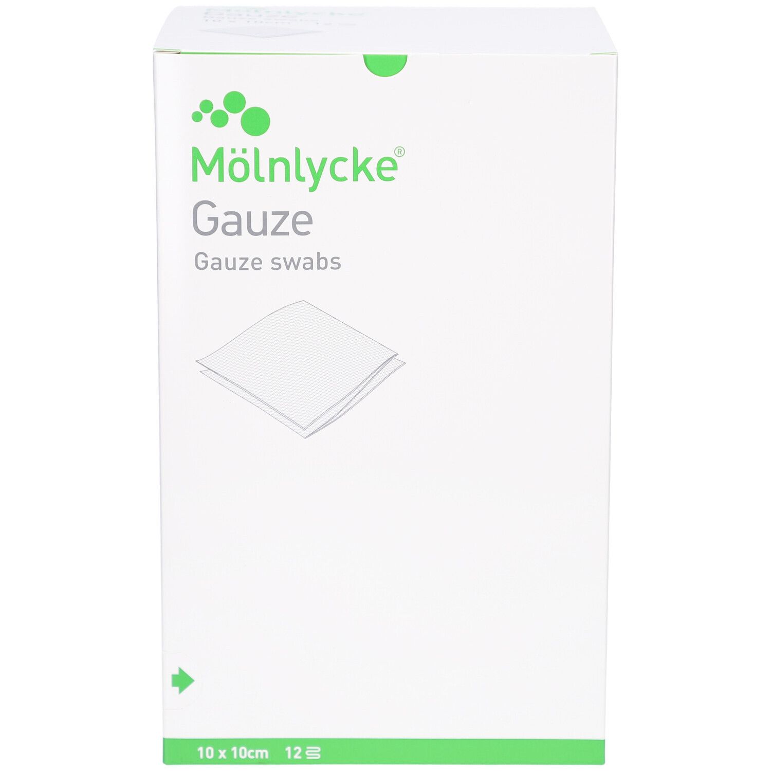 Scatola bianca con testo verde. Marchio: Mölnlycke Gauze. Prodotto: Gauze Swabs. Dimensioni: 10x10cm. 12 pezzi.