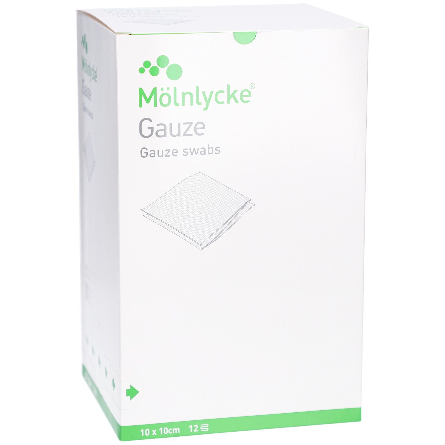 Scatola bianca con testo verde. Marchio: Mölnlycke Gauze. Prodotto: Gauze Swabs. Dimensioni: 10x10cm. 12 pezzi.