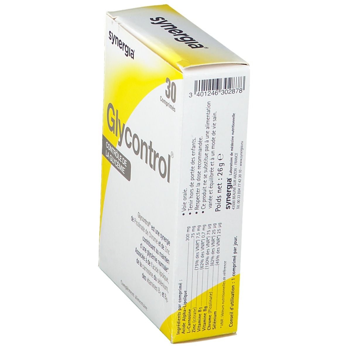 Scatola 'synergia Glycontrol'. Contiene 30 compresse. Confezione bianca e gialla. Testo: 'Contrôle de la glycémie'.