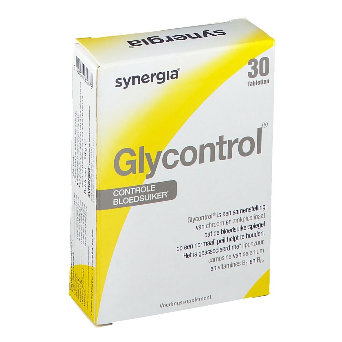 Scatola 'synergia Glycontrol' con 30 compresse. Confezione bianca e gialla. Testo: 'Controle bloedsuiker'.