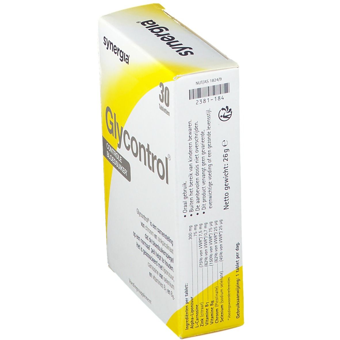Scatola 'synergia Glycontrol' con 30 compresse. Confezione bianca e gialla. Testo: 'Controle bloedsuiker'. Elenco ingredienti.