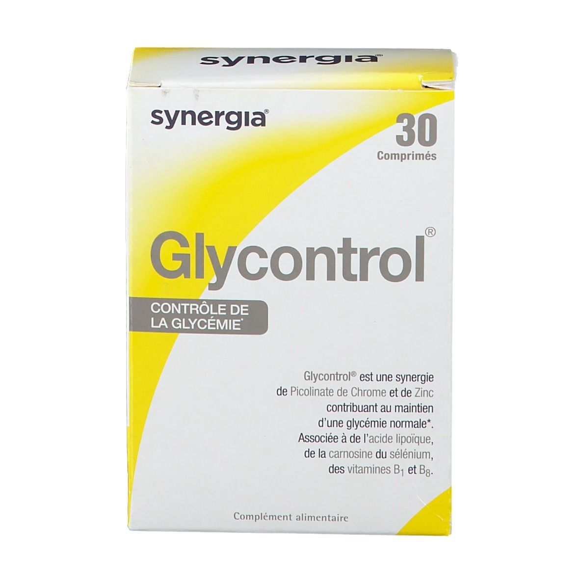 Scatola 'synergia Glycontrol' con 30 compresse. Confezione bianca e gialla. Testo: 'Contrôle de la glycémie'.