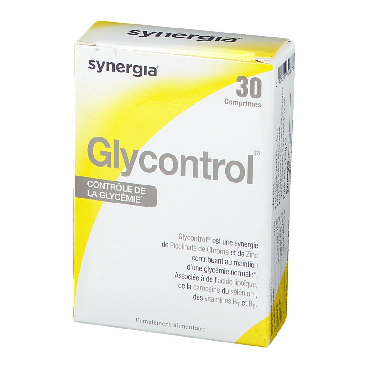 Scatola 'synergia Glycontrol' con 30 compresse. Confezione bianca e gialla. Testo: 'Contrôle de la glycémie'.