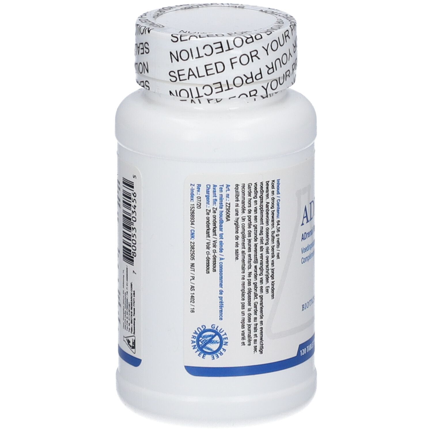 Retro del flacone bianco. Etichetta con ingredienti e informazioni. 120 compresse. Logo senza glutine.