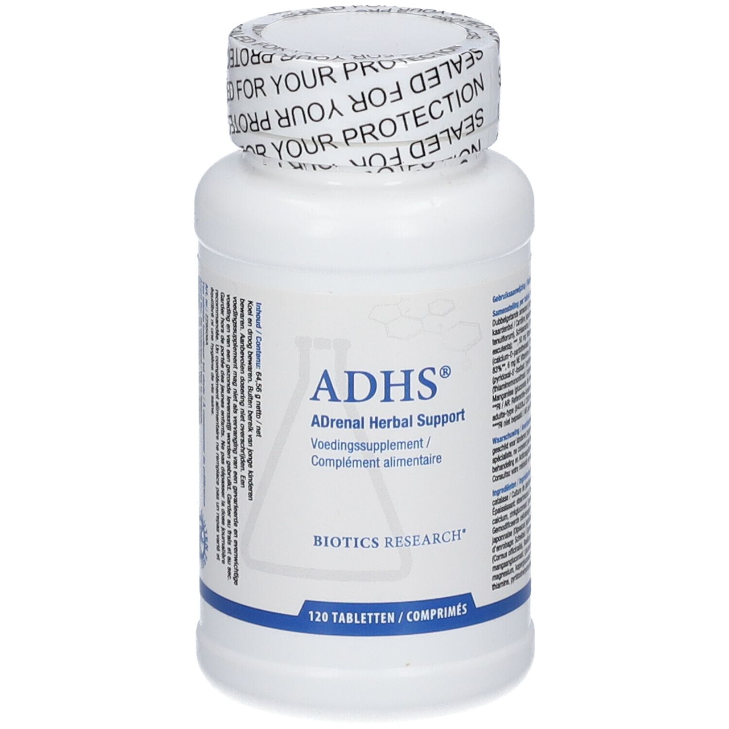 Flacone bianco con etichetta ADHS®, ADrenal Herbal Support, 120 compresse. Logo Biotics Research. Tappo con testo.