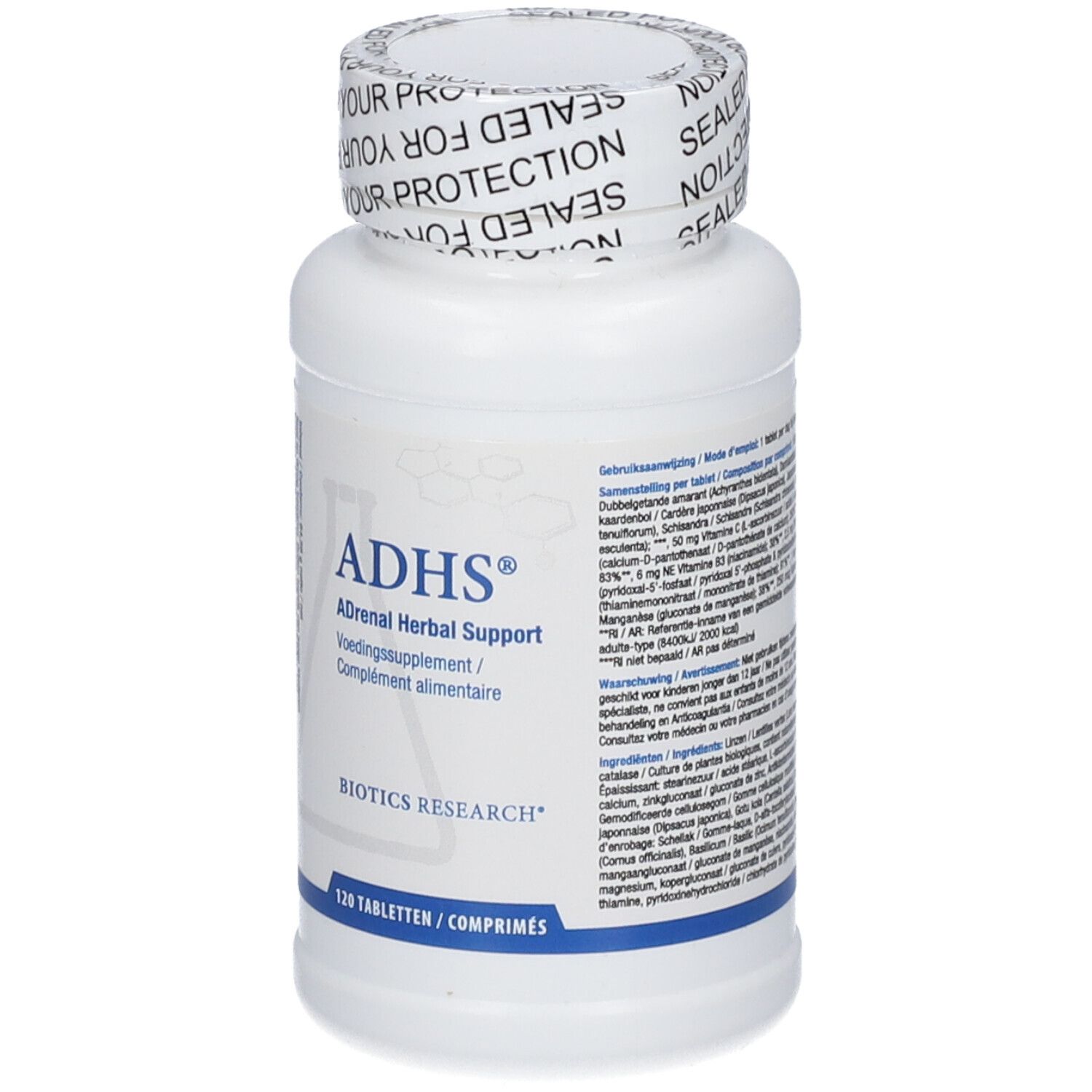 Flacone bianco con etichetta ADHS®, ADrenal Herbal Support, 120 compresse. Logo Biotics Research. Tappo con testo.