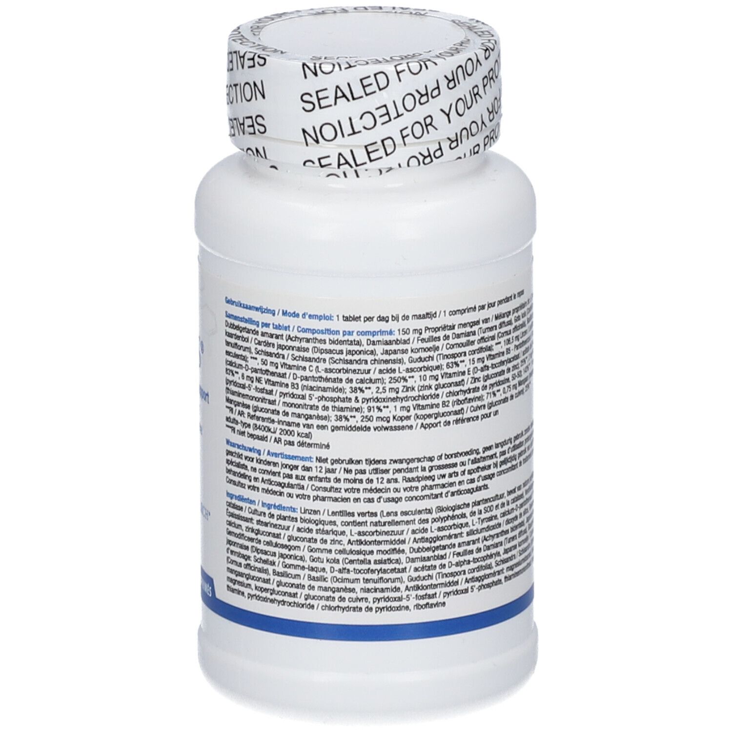 Dettaglio del retro del flacone. Etichetta con ingredienti e informazioni. Testo multilingue.