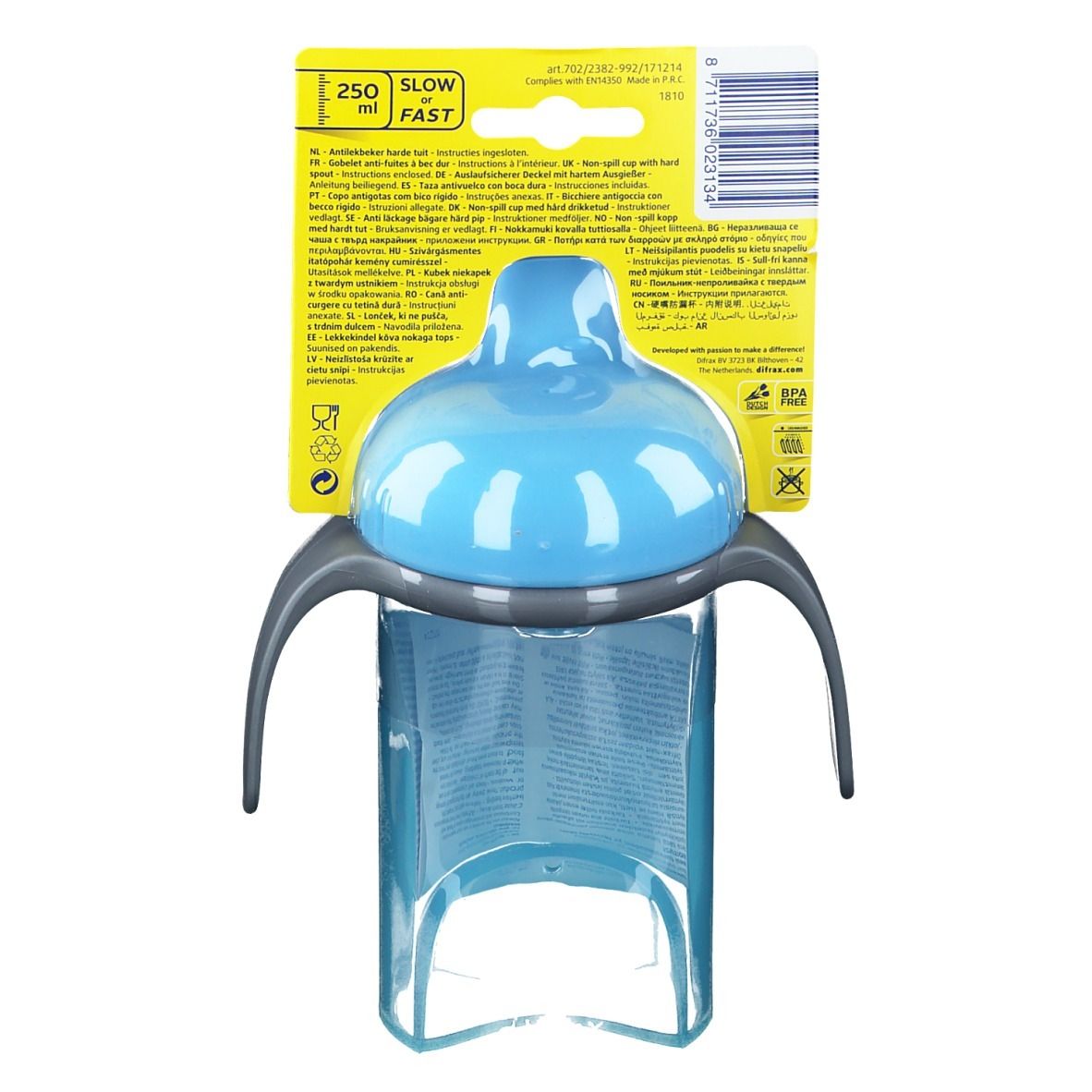 Retro della confezione della tazza blu con beccuccio rigido. Informazioni in diverse lingue.