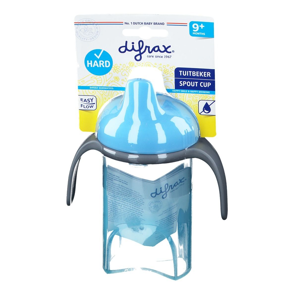 Tazza blu con beccuccio rigido e manici. Confezione con nome del prodotto e raccomandazione di età 9+ mesi.