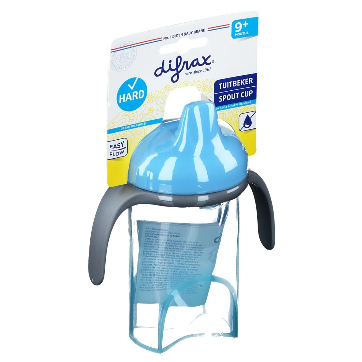 Tazza blu con beccuccio rigido e manici. Confezione con nome del prodotto e raccomandazione di età 9+ mesi.