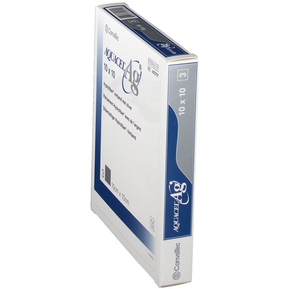 Vista laterale della confezione di medicazioni AQUACEL Ag Hydrofiber 10x10 cm. 3 pezzi. Sterile. Convatec.